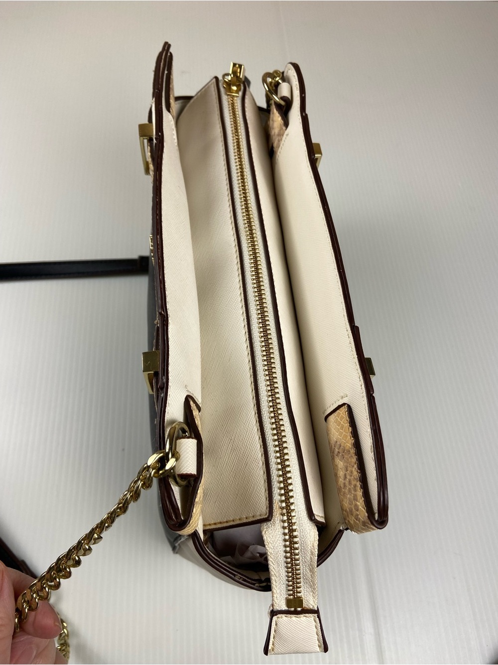 Ann Taylor Colorblock Genuine Leather Chain Shoulder Bag Snake Trim - Picture 7 of 13
